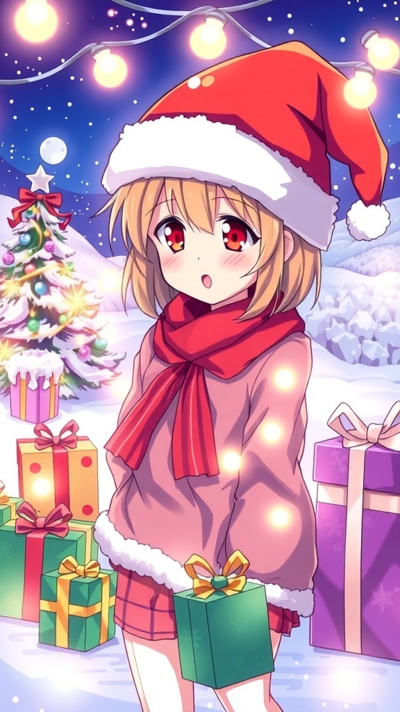 Anime character in a Santa hat with Christmas lights and presents in a snowy setting.